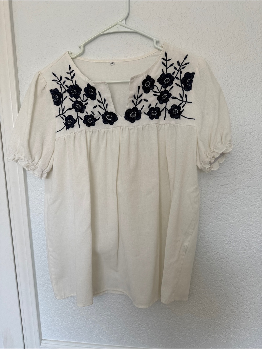 Embroidered Puff-Sleeve Peasant Top - Cream with Black Floral